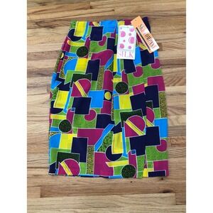 SK& COMPANY Women's Midi Skirt 100% Silk Vintage 80s Abstract Geometric 6 Print